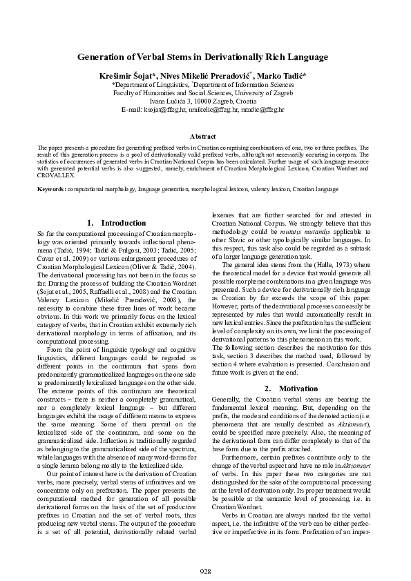 (PDF) Generation of Verbal Stems in Derivationally Rich Language