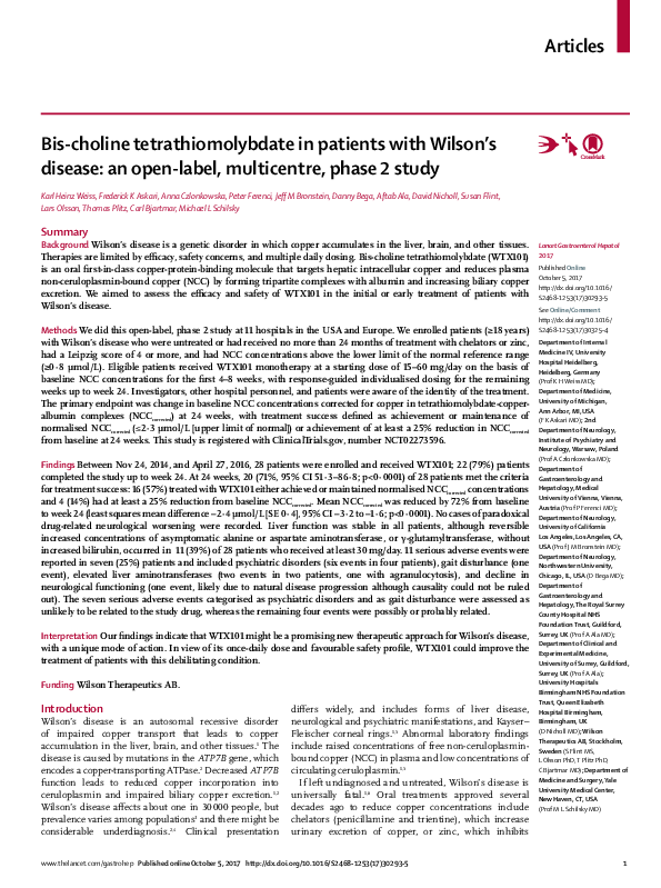(PDF) Bis-choline tetrathiomolybdate in patients with Wilson's disease ...