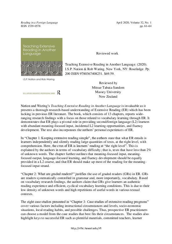 (PDF) Mitsue Tabata-Sandom’s review of Teaching extensive reading in ...