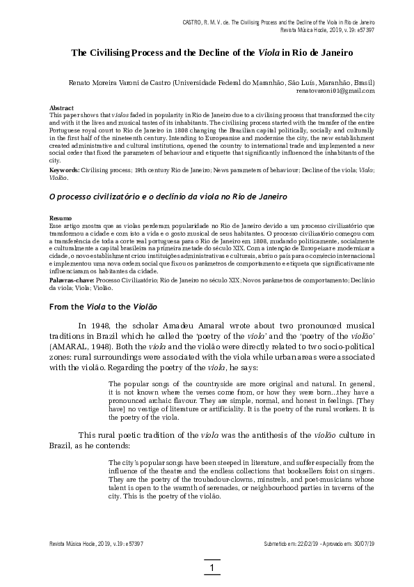 (PDF) The civilizing process and the decline of the viola in Rio de Janeiro