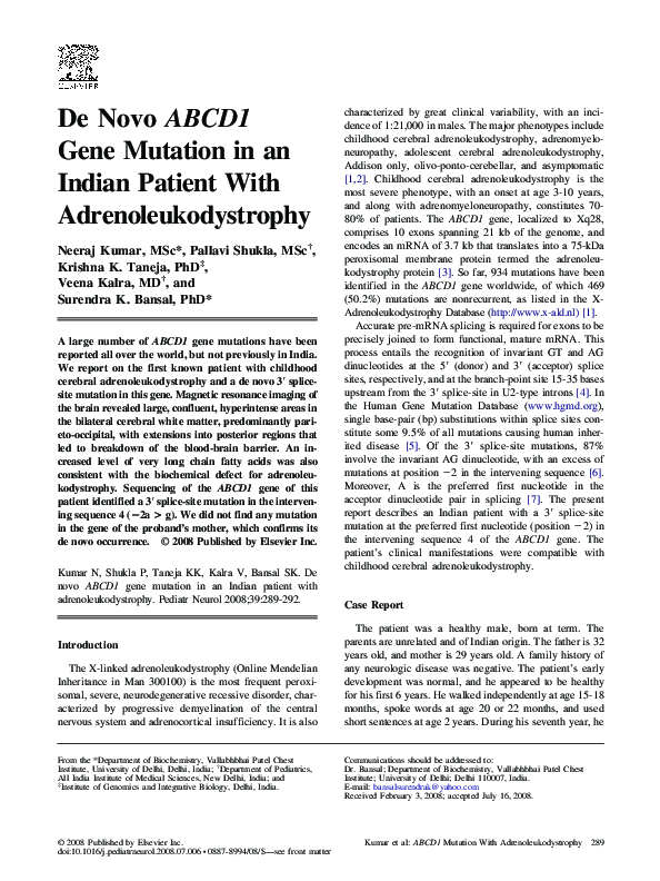 (PDF) De Novo ABCD1 Gene Mutation in an Indian Patient With ...