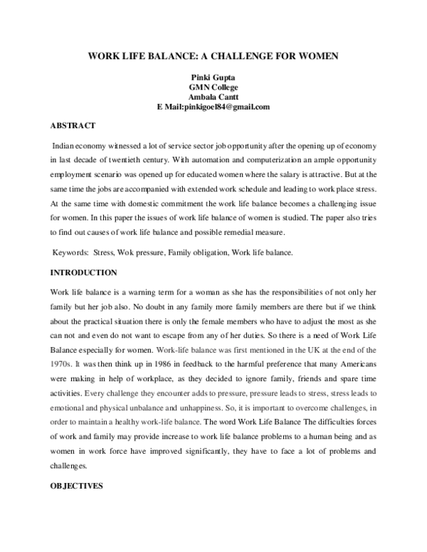 (PDF) WORK LIFE BALANCE: A CHALLENGE FOR WOMEN