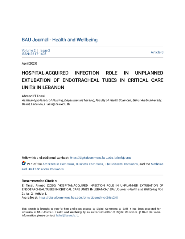 (PDF) HospitalAcquired Infection Role in Unplanned Extubation of