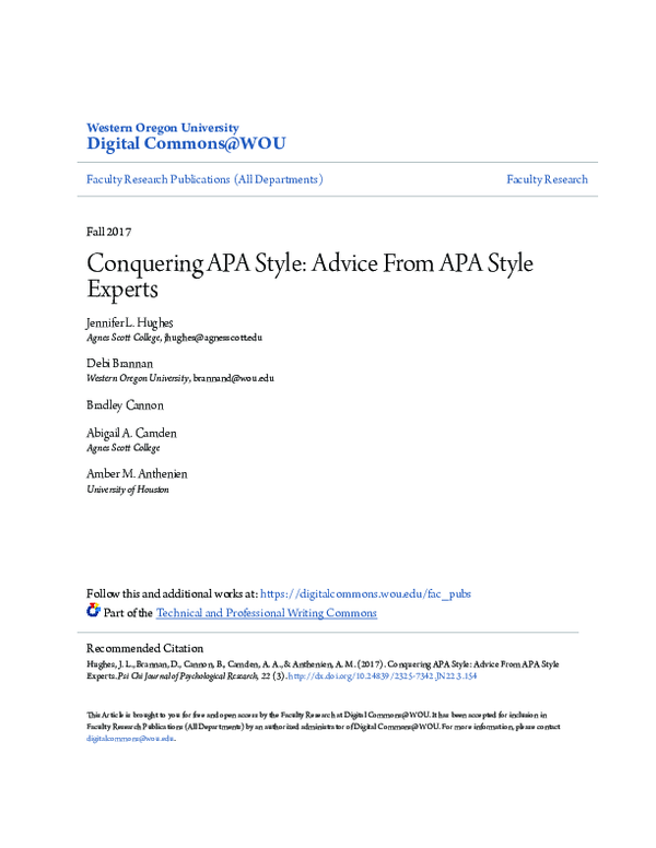 (PDF) Conquering APA Style: Advice From APA Style Experts