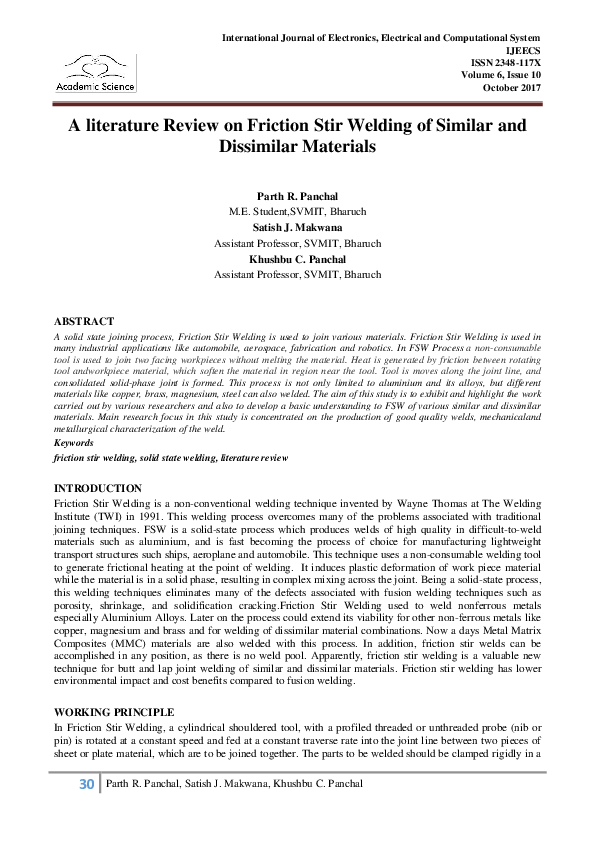 (PDF) A literature Review on Friction Stir Welding of Similar and ...