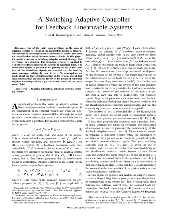 (PDF) A switching adaptive controller for feedback linearizable systems