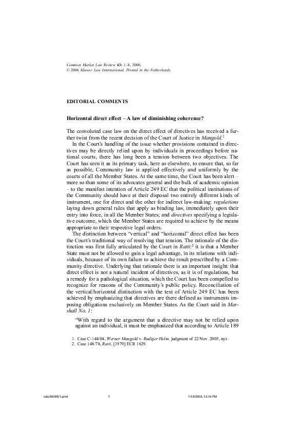 (PDF) Editorial Comments: Horizontal direct effect – A law of ...