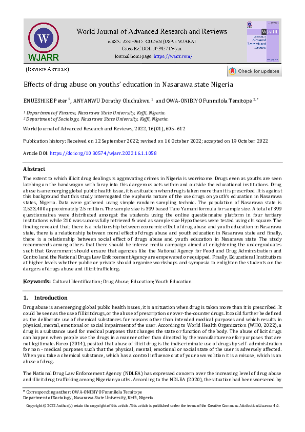 (PDF) Effects of drug abuse on youths’ education in Nasarawa state Nigeria