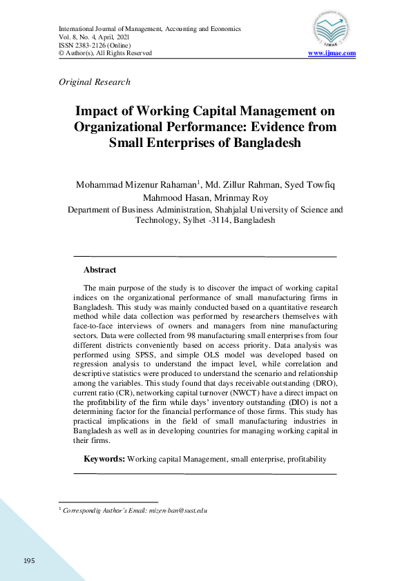 (PDF) Impact of Working Capital Management on Organizational ...