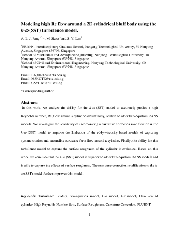 (PDF) Modelling high Re flow around a 2D cylindrical bluff body using ...
