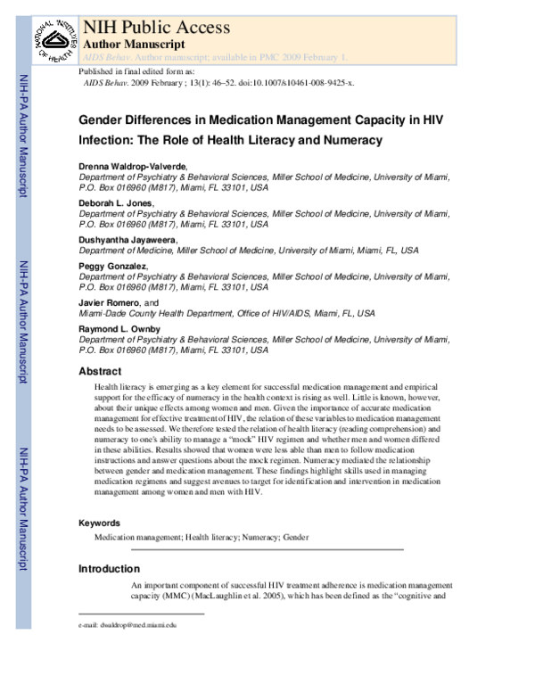 (PDF) Gender Differences in Medication Management Capacity in HIV ...