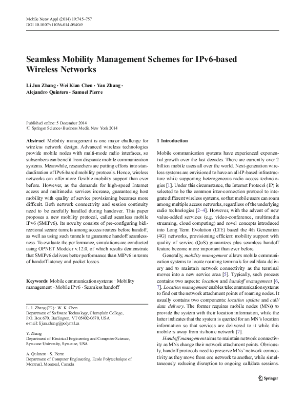 (PDF) Seamless Mobility Management Schemes for IPv6-based Wireless Networks