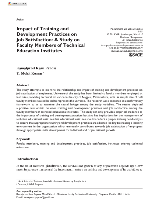 (PDF) Impact of Training and Development Practices on Job Satisfaction ...