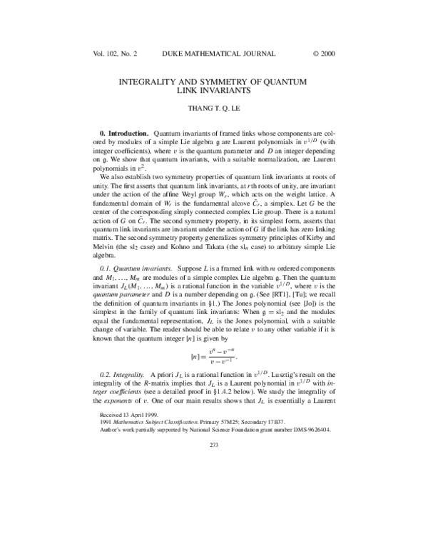 (PDF) Integrality and symmetry of quantum link invariants