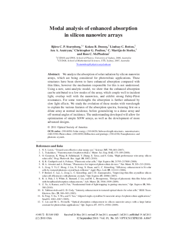 (PDF) Modal analysis of enhanced absorption in silicon nanowire arrays