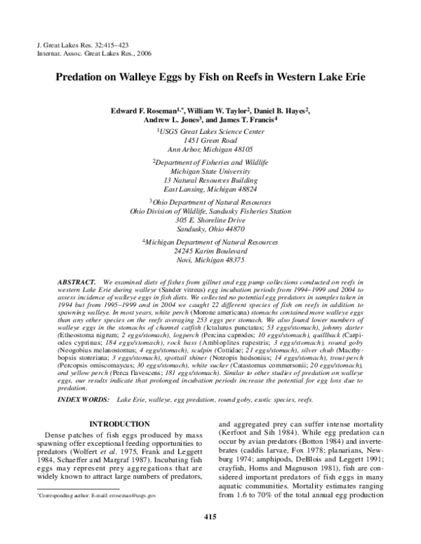 (PDF) Predation on Walleye Eggs by Fish on Reefs in Western Lake Erie