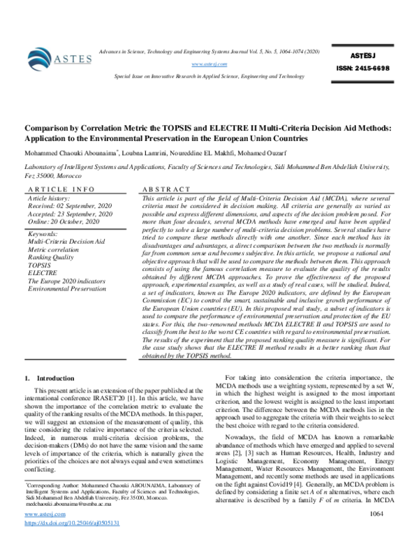 (PDF) Comparison by Correlation Metric the TOPSIS and ELECTRE II Multi ...