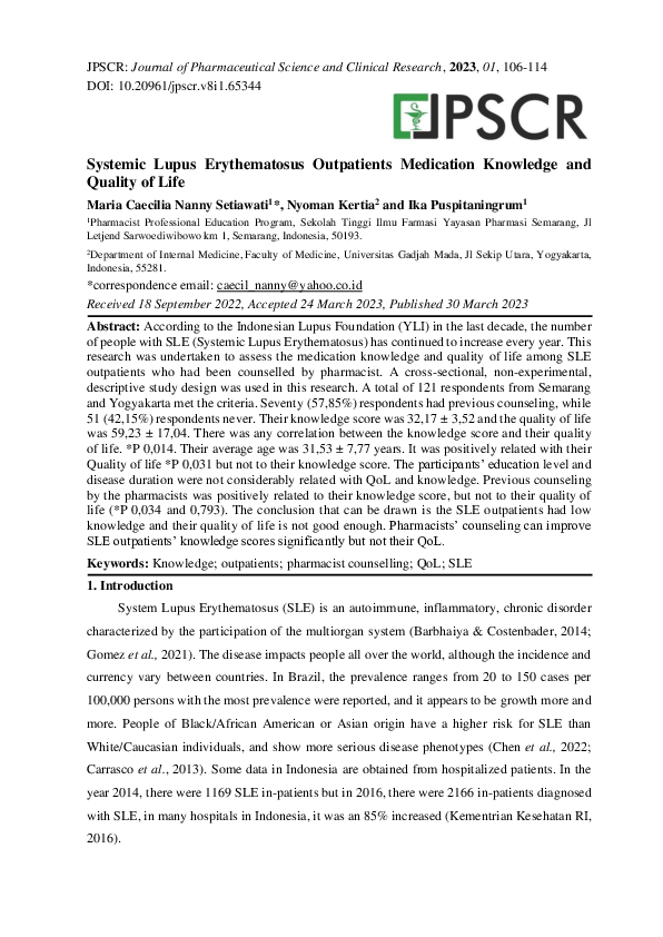 (PDF) Systemic Lupus Erythematosus Outpatients Medication Knowledge and ...