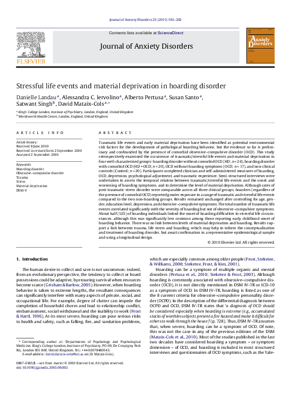 (PDF) Stressful life events and material deprivation in hoarding disorder