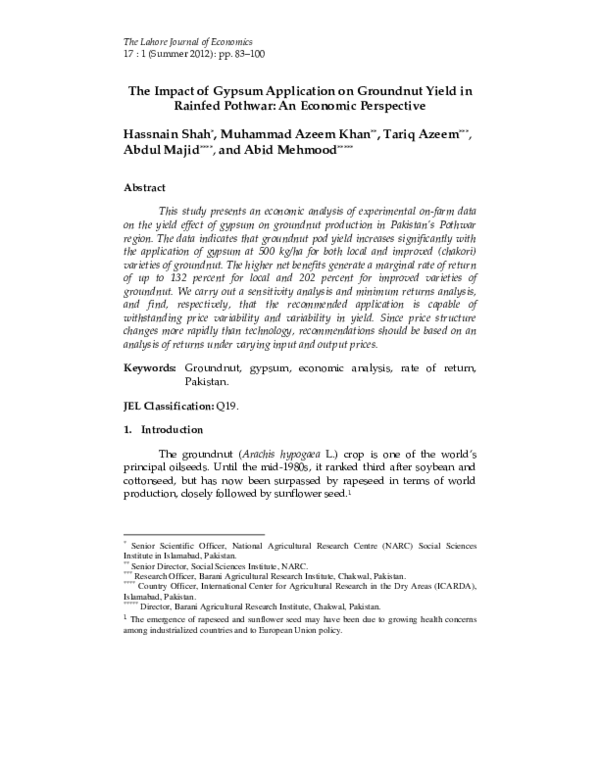 (PDF) The Impact of Gypsum Application on Groundnut Yield in Rainfed Pothwar An Economic