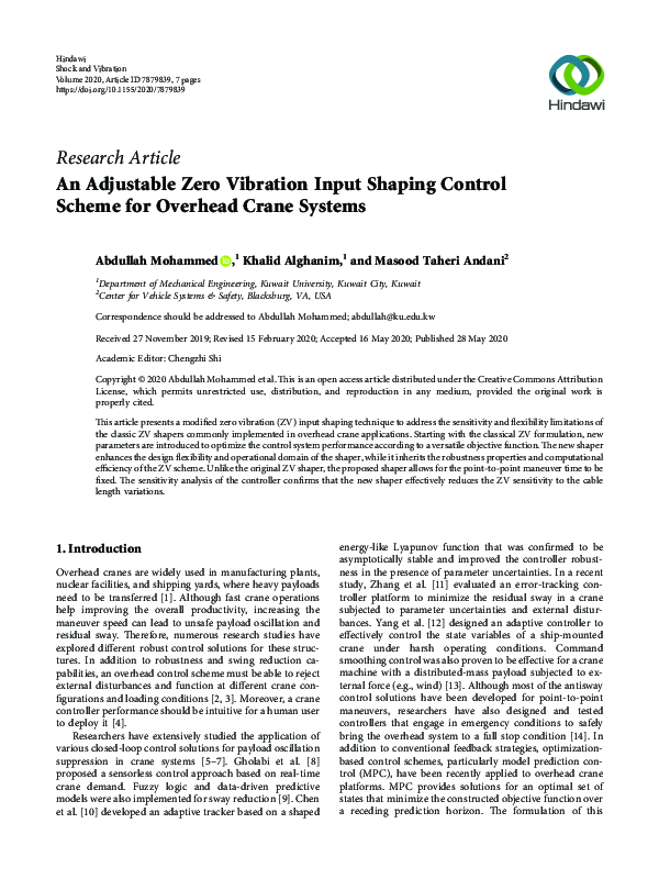 (PDF) An Adjustable Zero Vibration Input Shaping Control Scheme for ...