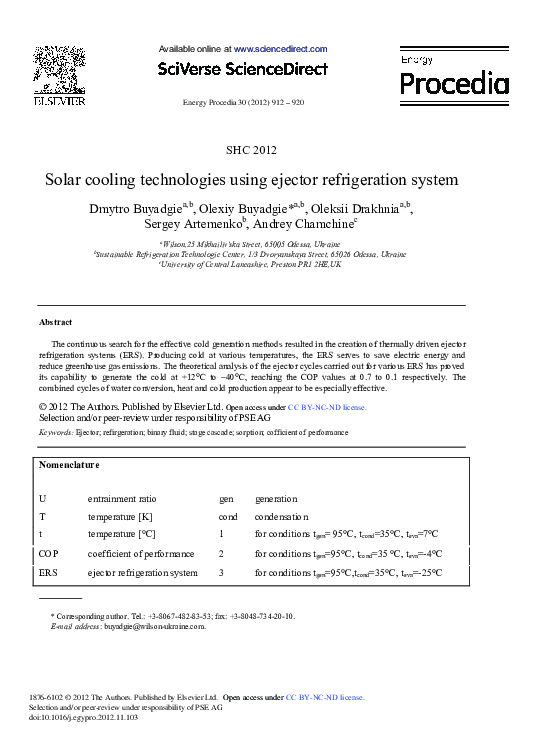 (PDF) Solar Cooling Technologies Using Ejector Refrigeration System