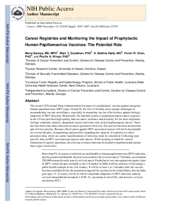 (PDF) Cancer registries and monitoring the impact of prophylactic human ...