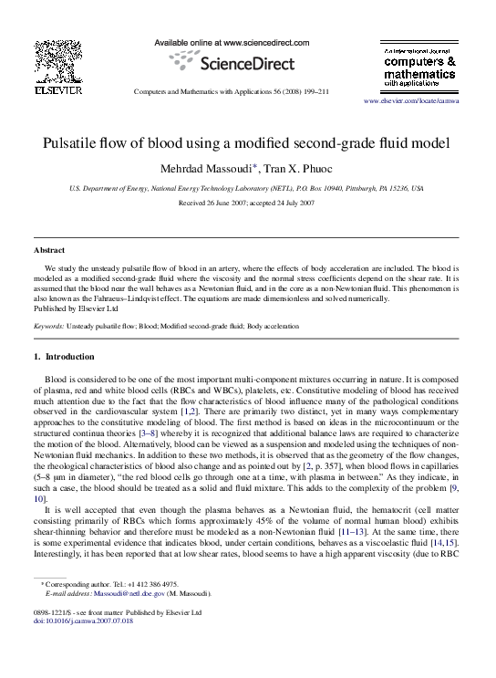 (PDF) Pulsatile flow of blood using a modified second-grade fluid model