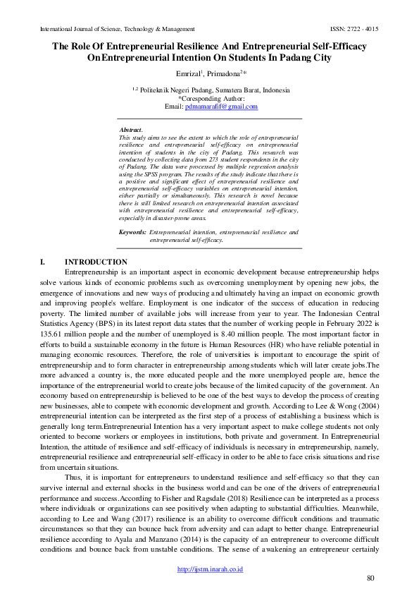 (PDF) The Role Of Entrepreneurial Resilience And Entrepreneurial Self ...