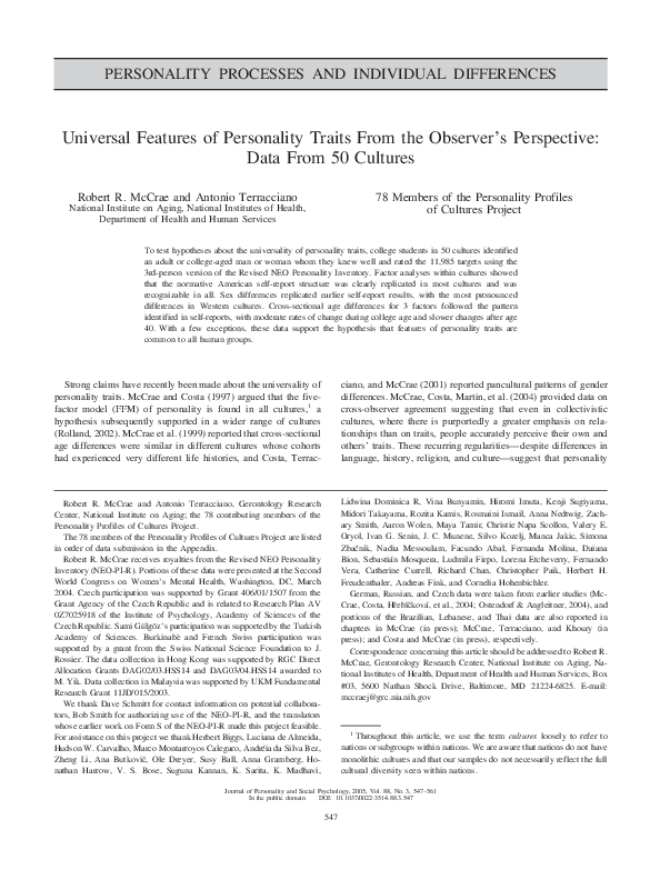 (PDF) PERSONALITY PROCESSES AND INDIVIDUAL DIFFERENCES Universal ...