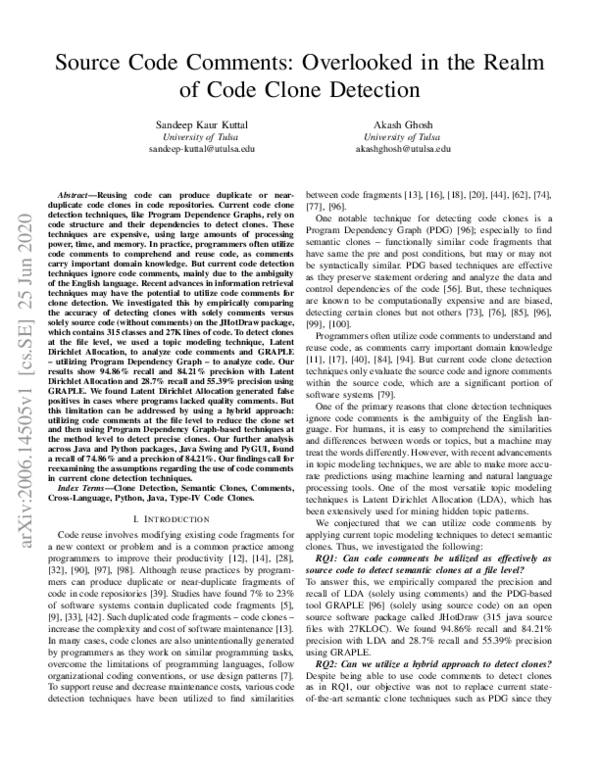 (PDF) Source Code Comments: Overlooked in the Realm of Code Clone Detection