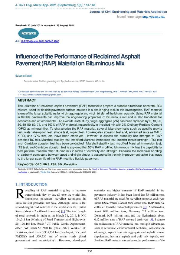 (PDF) Influence of the Performance of Reclaimed Asphalt Pavement (RAP ...