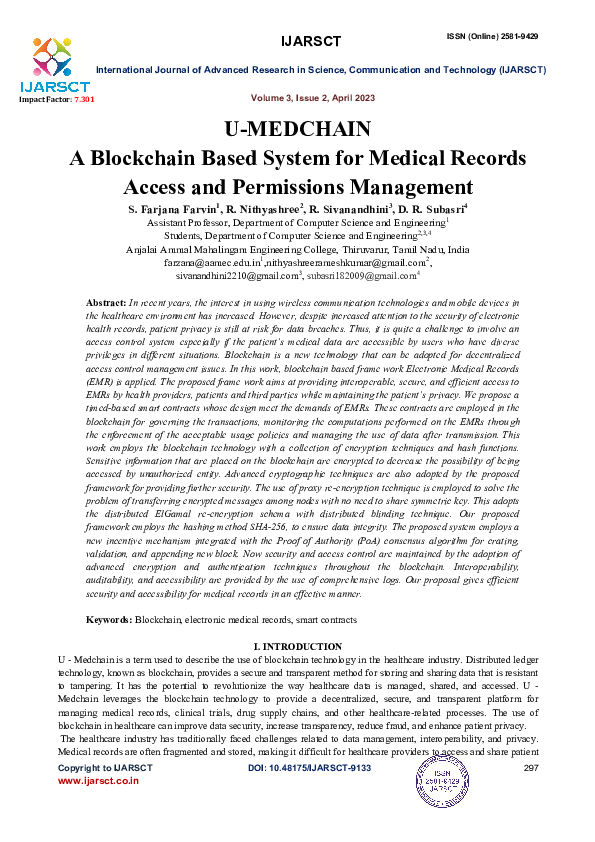 (PDF) U-MEDCHAIN A Blockchain Based System for Medical Records Access ...
