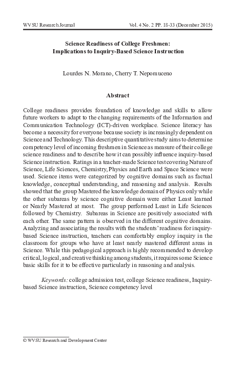 (PDF) Science Readiness of College Freshmen: Implications to Inquiry ...