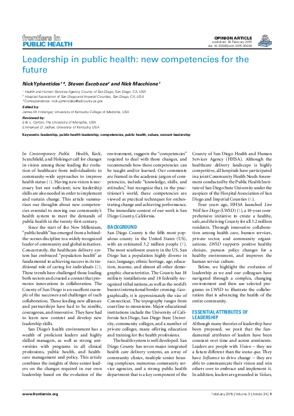 (PDF) Leadership in Public Health: New Competencies for the Future