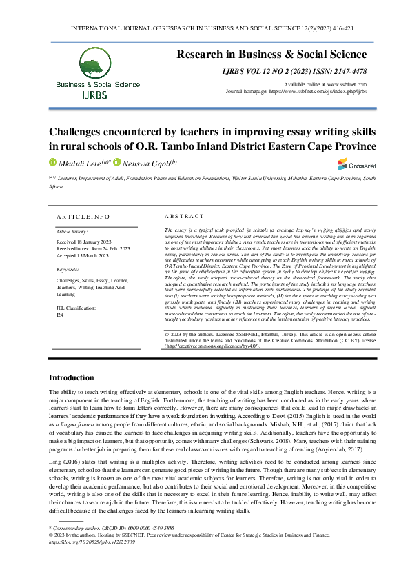 (PDF) Challenges encountered by teachers in improving essay writing ...