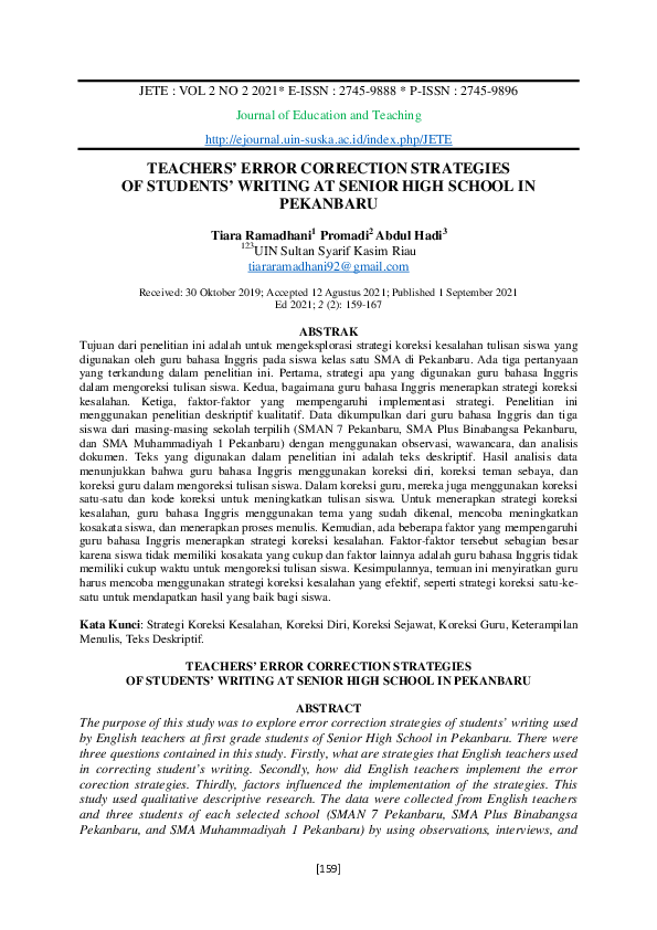 (PDF) Teachers' Error Correction Strategies of Students' Writing at ...