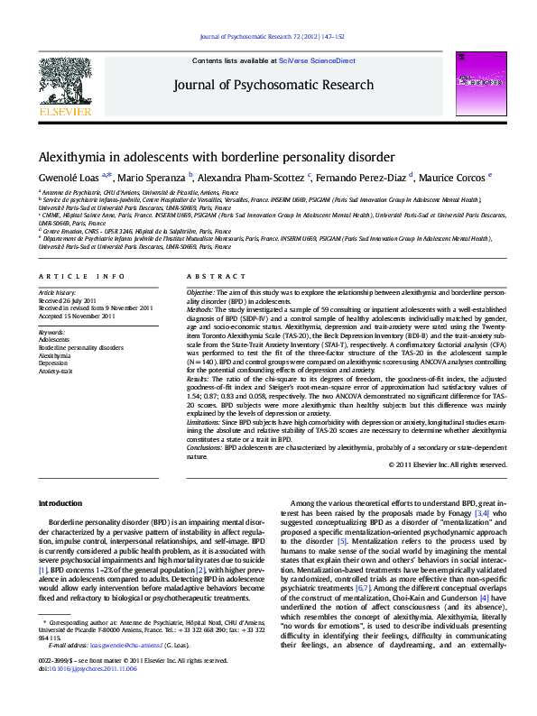 (PDF) Alexithymia in adolescents with borderline personality disorder