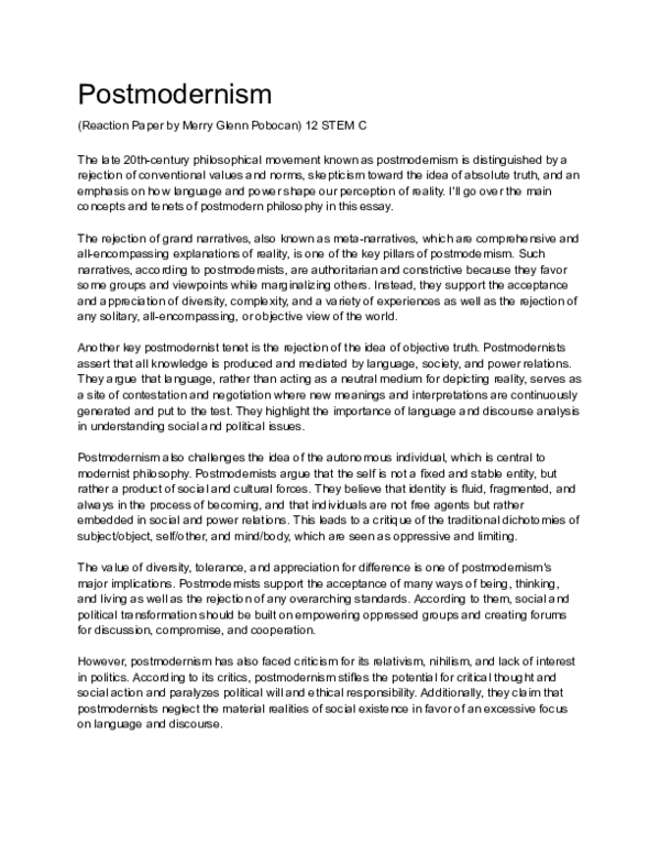 (PDF) Post Modernism (Reaction Paper)