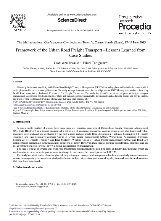 (PDF) Framework of the Urban Road Freight Transport - Lessons Learned ...