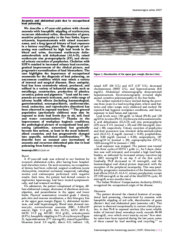 (PDF) Anaemia and abdominal pain due to occupational lead poisoning