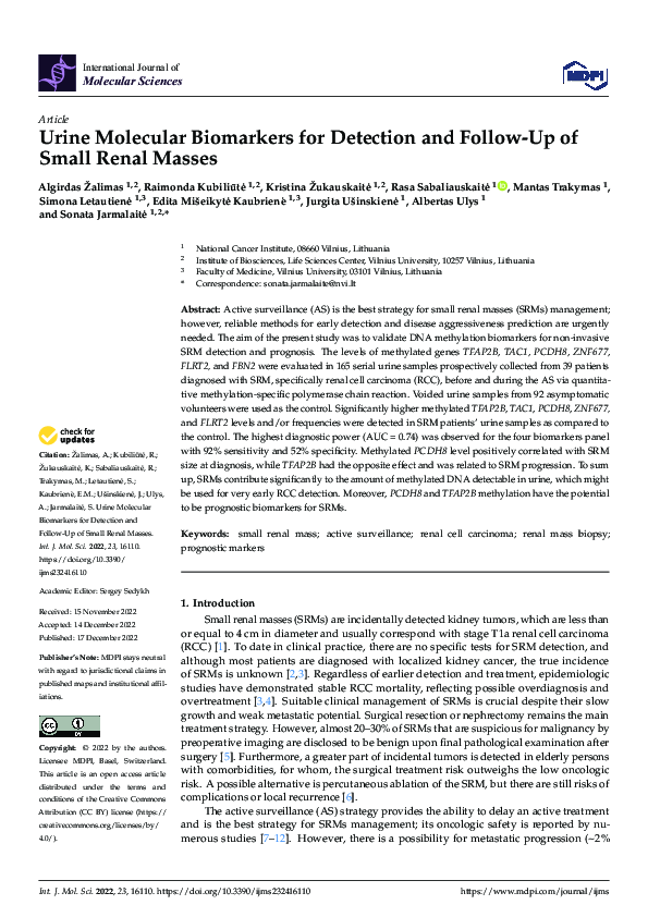 (PDF) Urine Molecular Biomarkers for Detection and Follow-Up of Small ...