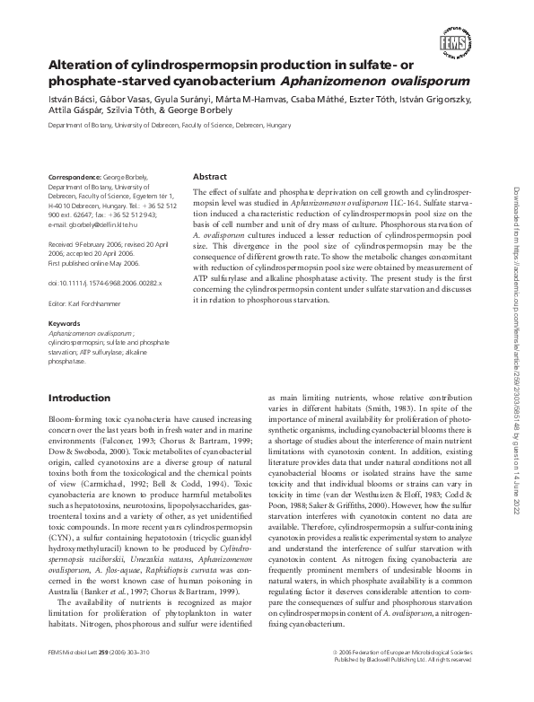 (PDF) Alteration of cylindrospermopsin production in sulfate- or ...