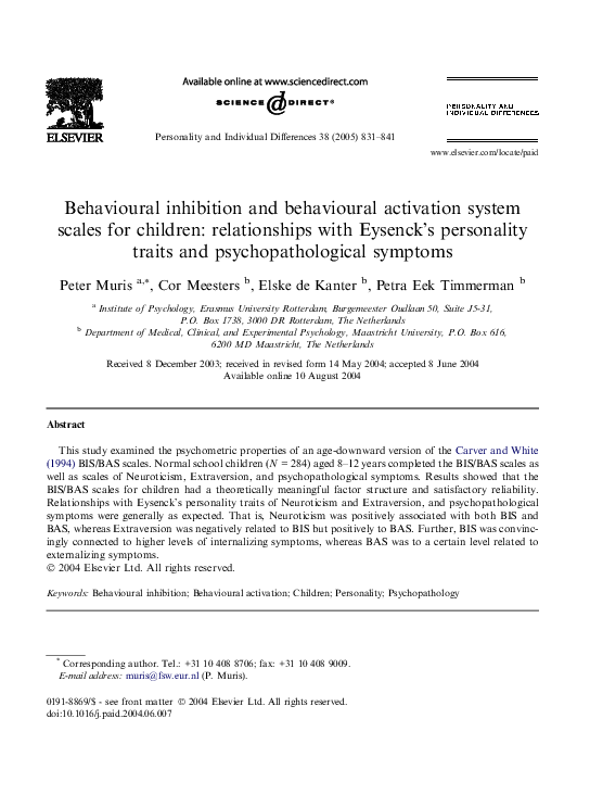 (PDF) Behavioural inhibition and behavioural activation system scales ...