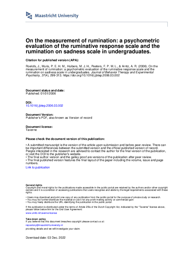 (PDF) On the measurement of rumination A psychometric evaluation of