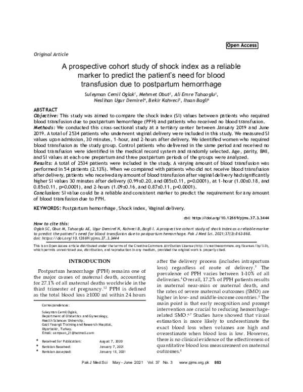 (PDF) A prospective cohort study of shock index as a reliable marker to ...