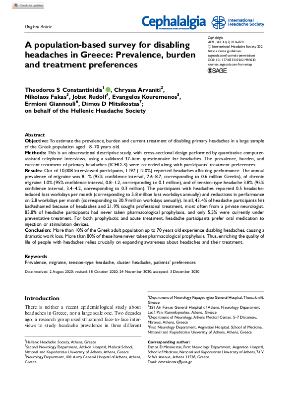 (PDF) A population-based survey for disabling headaches in Greece ...