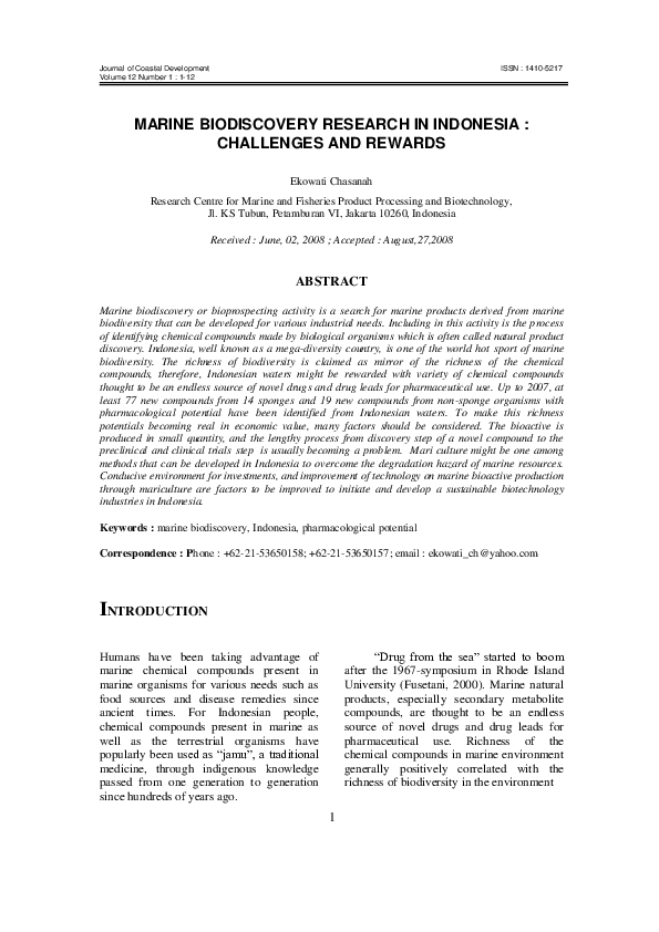 Pdf Marine Biodiscovery Research In Indonesia Challenges And Rewards