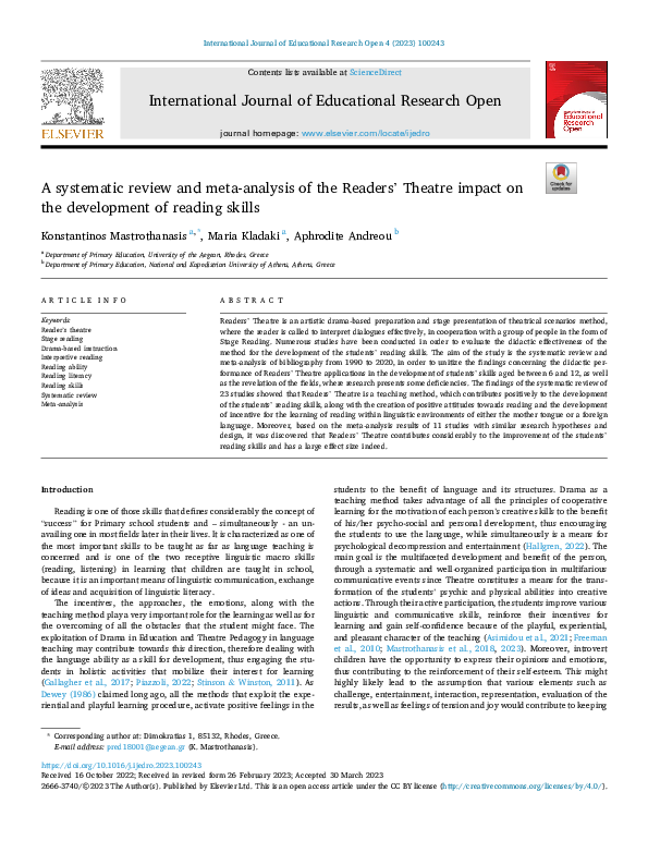 (PDF) A systematic review and meta-analysis of the Readers' Theatre ...