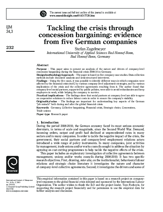 (PDF) Tackling the crisis through concession bargaining evidence from